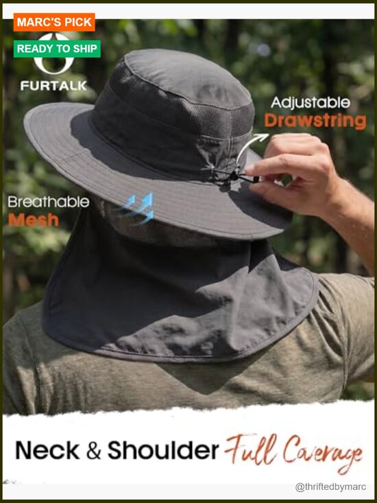 UPF 80+ Sun Hat with Neck Flap, Breathable Mesh, Adjustable Drawstring, main image 4